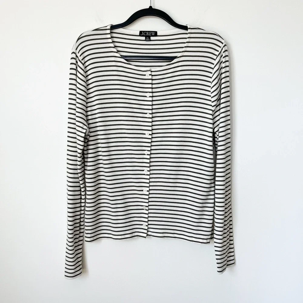 J.Crew Fine Rib Knit Cardigan Cream Green Stripe Womens XXL Cotton Modal